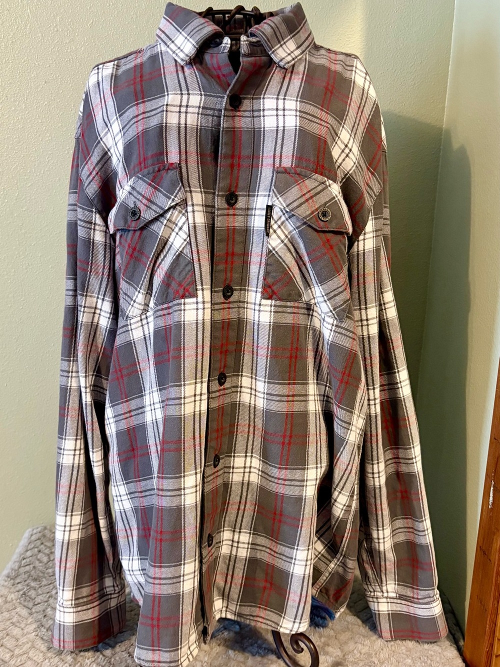 Harley-Davidson Gray Plaid Button-Down Shirt with Red Accents